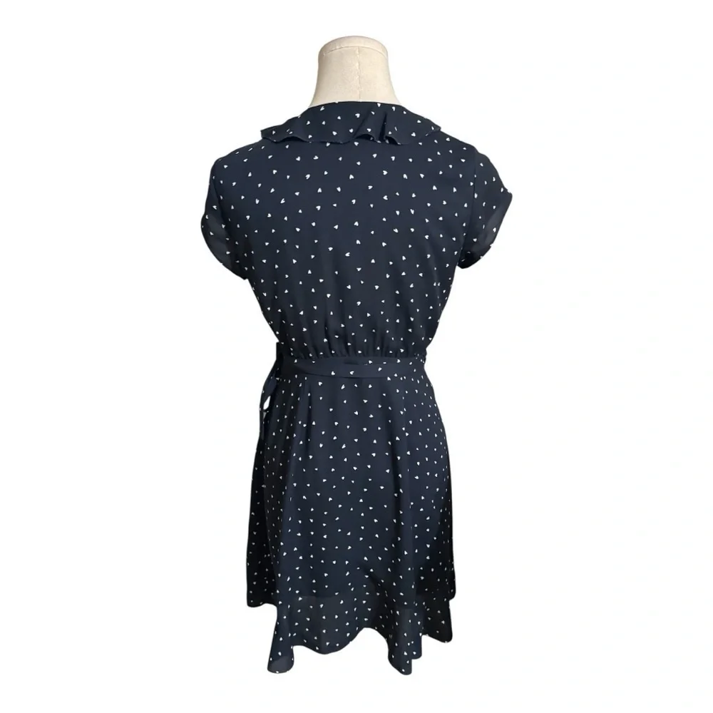 Aritzia SUNDAY BEST Navy Blue White Heart Ruffle Wrap Mini Dress 0 XS Party Work